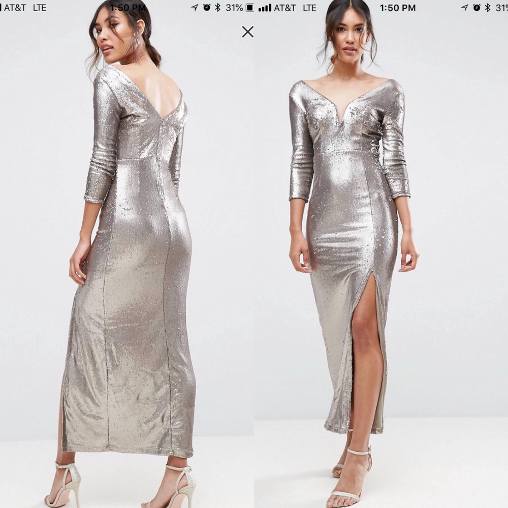 Little Mistress silver sequined maxi dress